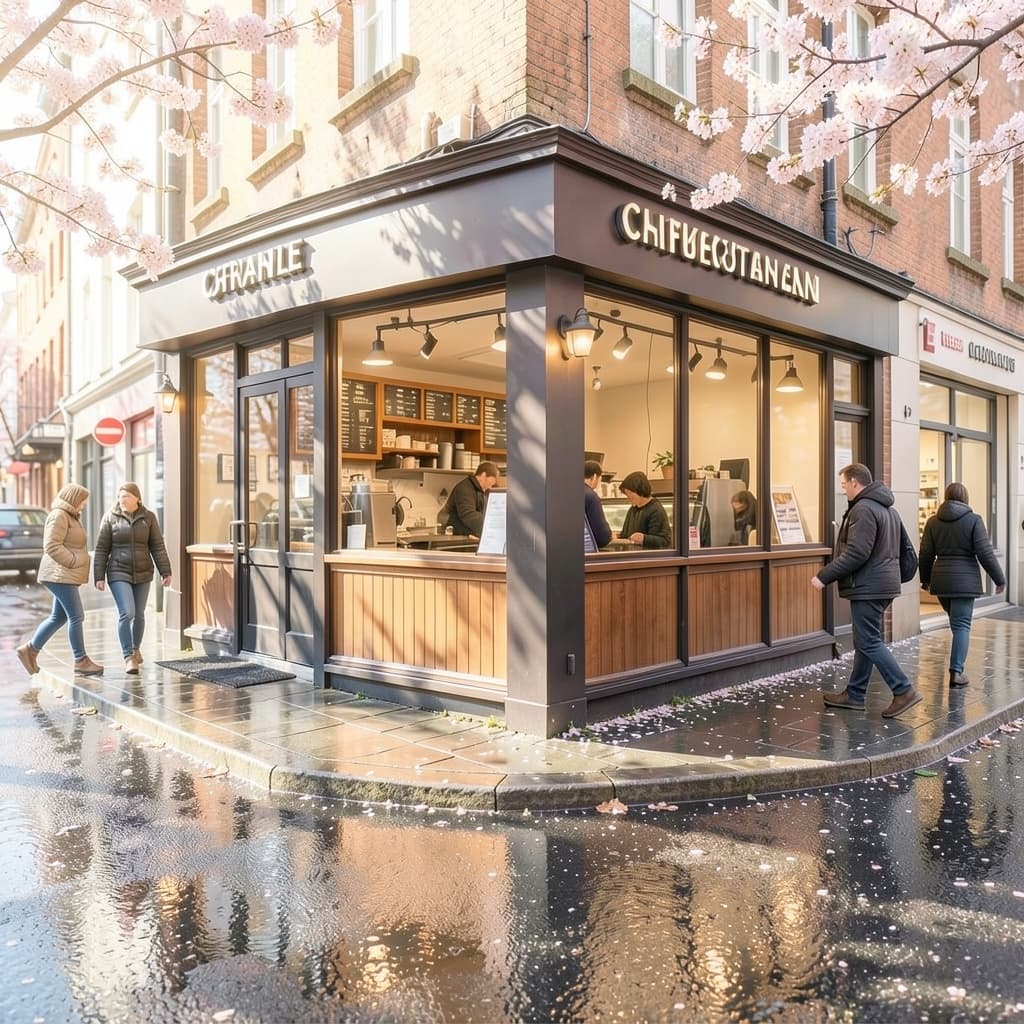 Coffee kiosk changed to a bright spring morning with FLUX.2 Klein image edit