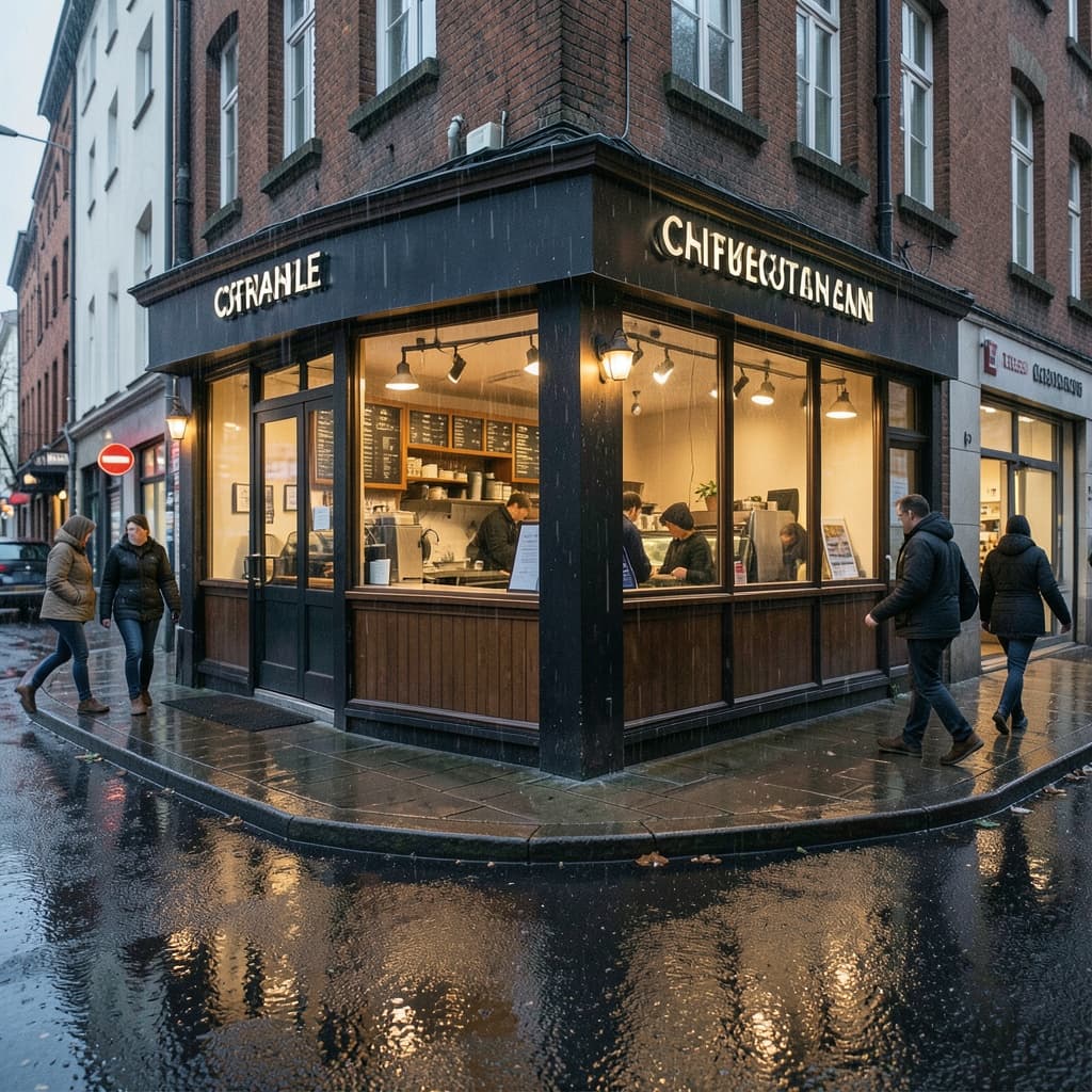 Rainy Scandinavian coffee kiosk generated with FLUX.2 Klein 4B AI image generator