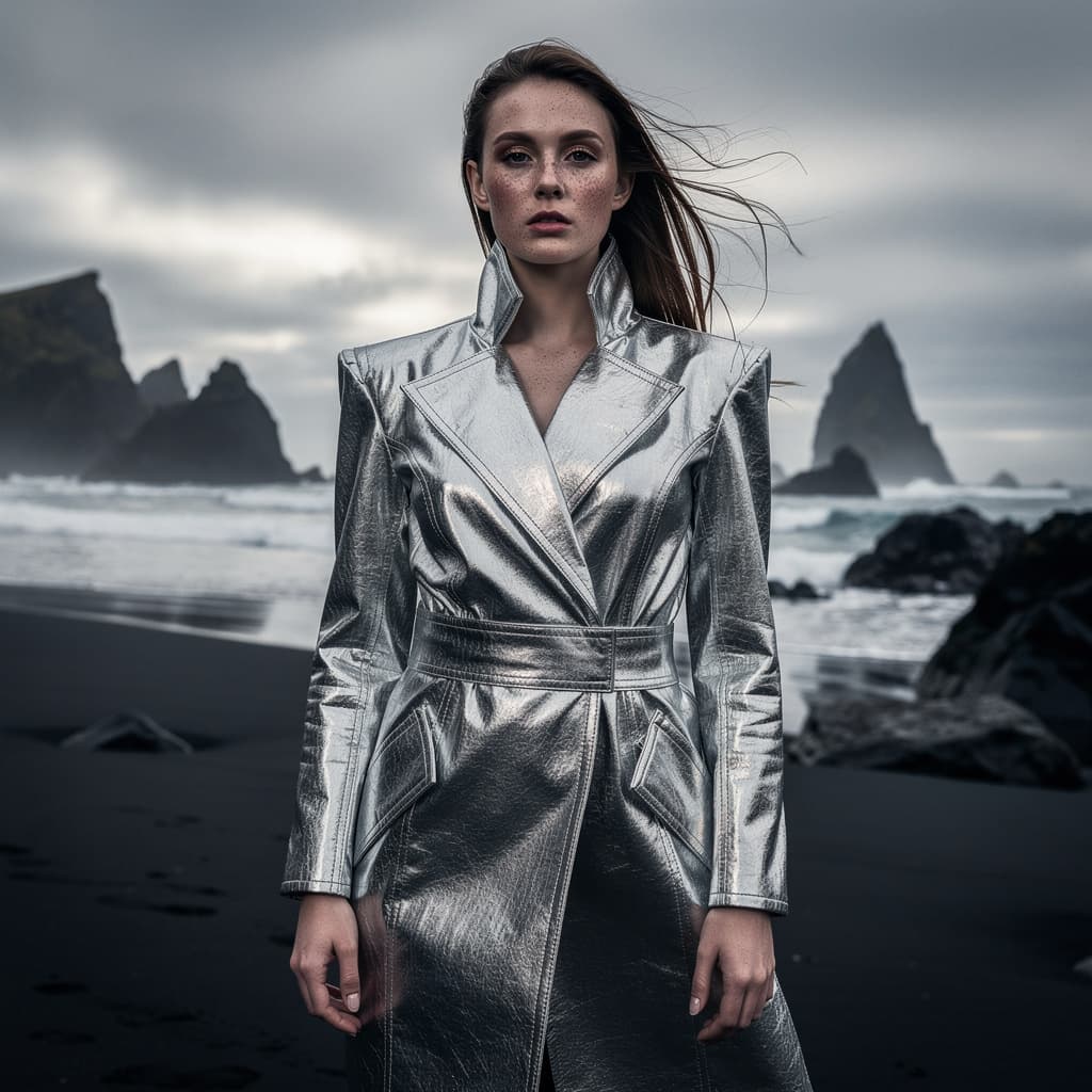 Silver fashion campaign portrait generated with FLUX.2 Max AI image generator